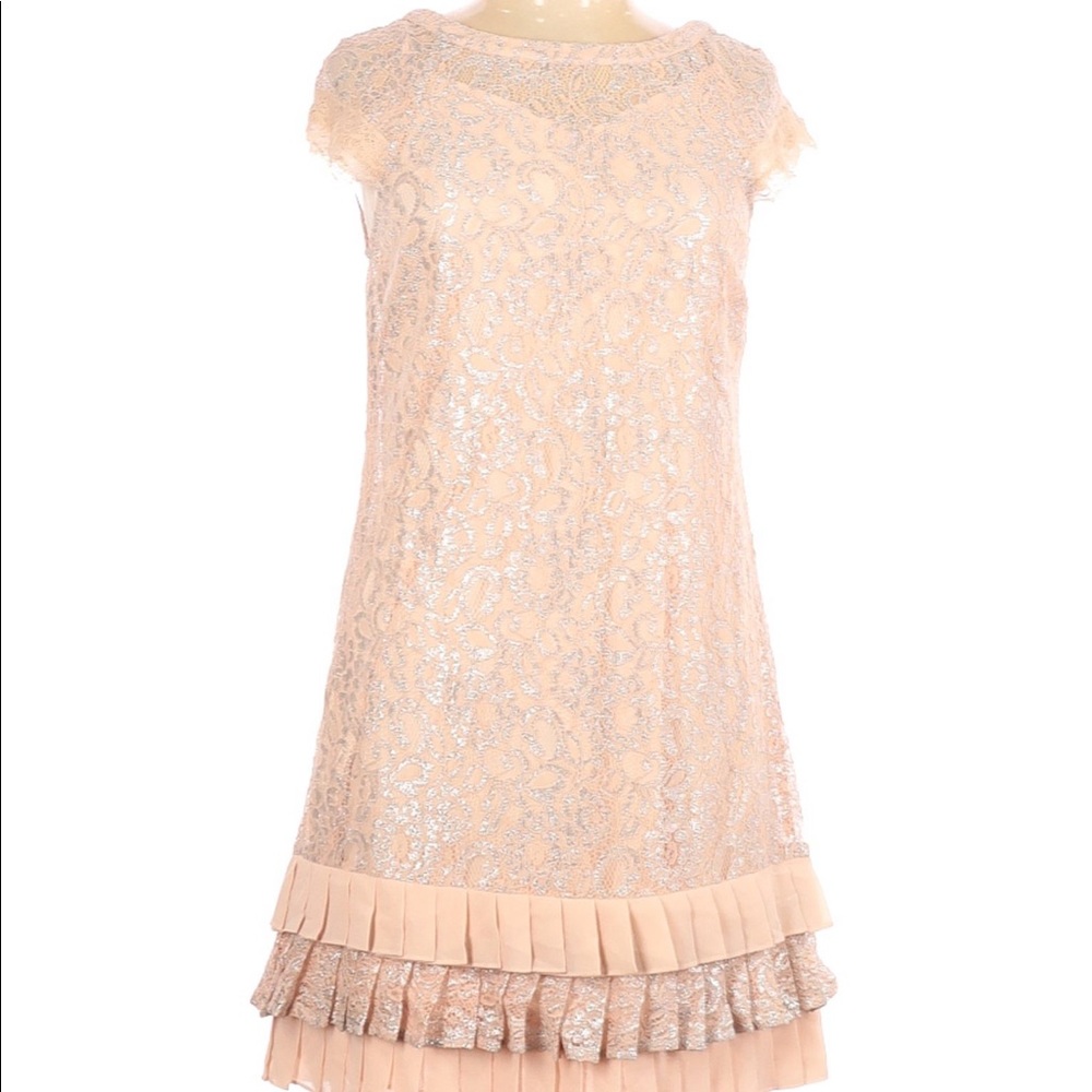 Cap Sleeve Pink/Silver Lace Dress with pleated hem